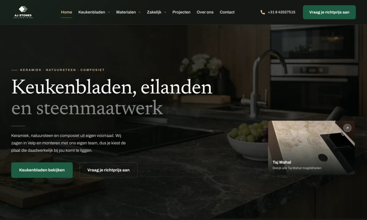 AJ Stones homepage designed in Claude Design and built in Elementor