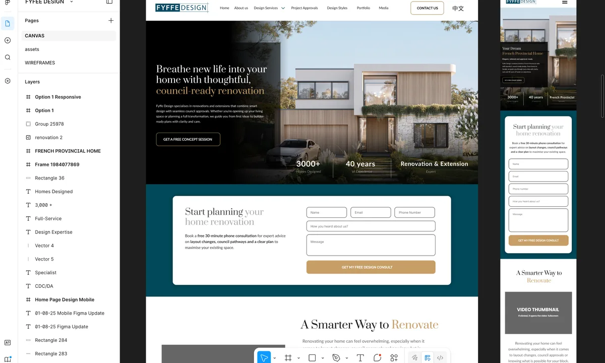 Fyffe Design custom home page, built in WordPress from a Figma design