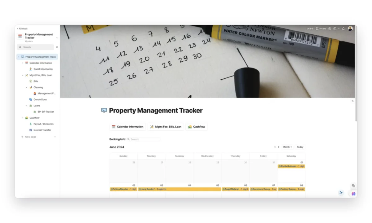 Property Management Tracker built in Coda, with booking calendar and cashflow pages
