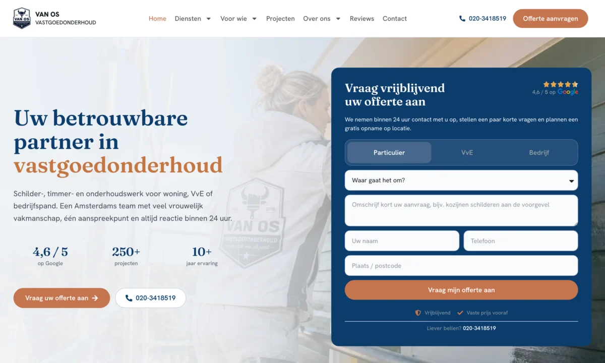 Van Os Vastgoedonderhoud homepage designed in Claude Design and built in Elementor