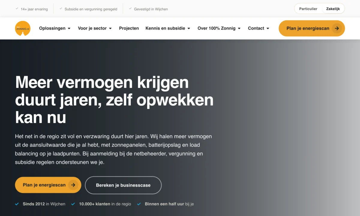 Zonnig B2B site at zonnig.nl/zakelijk designed in Claude Design and built in Elementor
